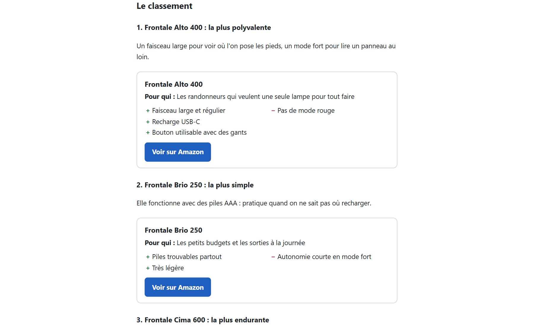 Encadrés produit générés depuis le catalogue : pour qui, points forts, défaut et bouton vers Amazon (produits fictifs)