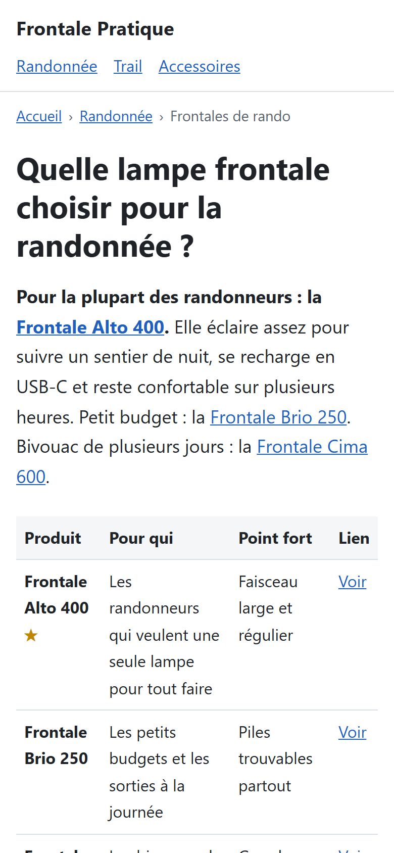 La même page sur mobile, tableau comparatif compris