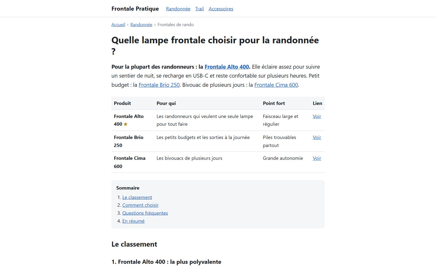 Page « quelle lampe frontale choisir » générée par l'outil : réponse en haut de page et tableau comparatif de trois produits fictifs
