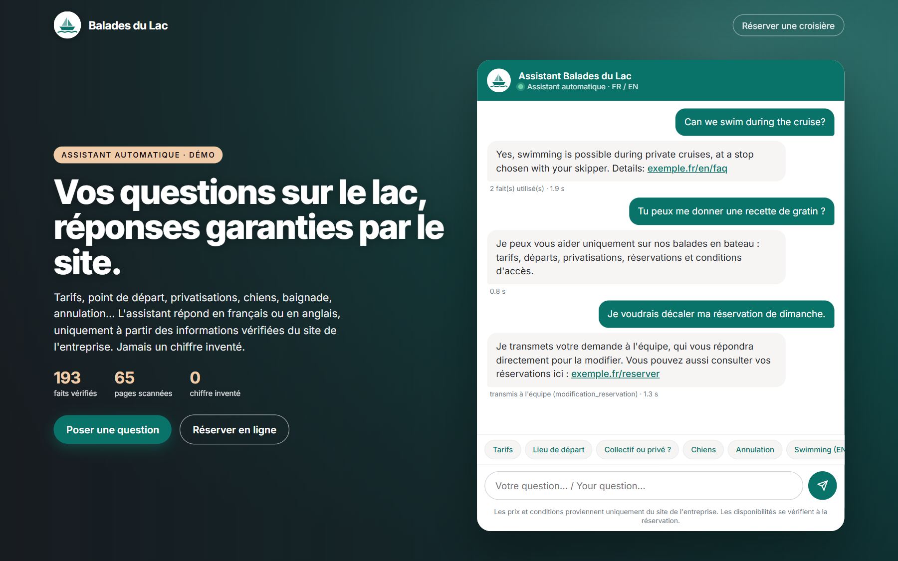 Trois échanges : une question en anglais, une demande hors sujet refusée poliment, une modification de réservation transmise à l'équipe (données fictives)