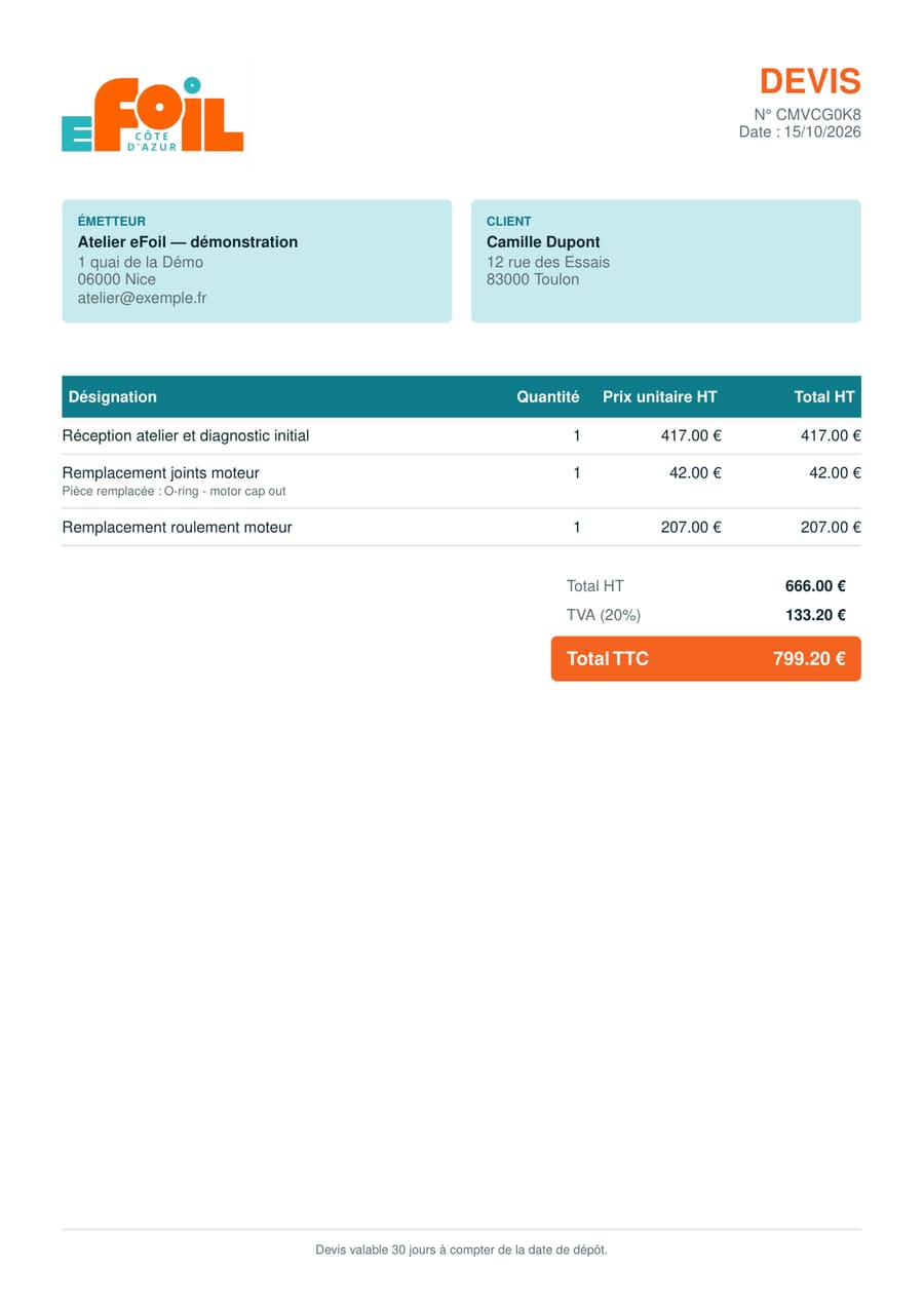Page 1 du PDF : devis avec émetteur, client, prestations, total HT, TVA et total TTC (données fictives)