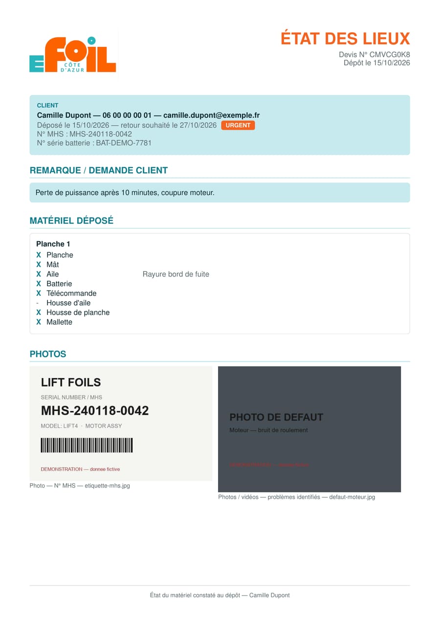 Page 2 du PDF : état des lieux avec contact, n° de série, remarque, matériel déposé coché et photos intégrées (données fictives)