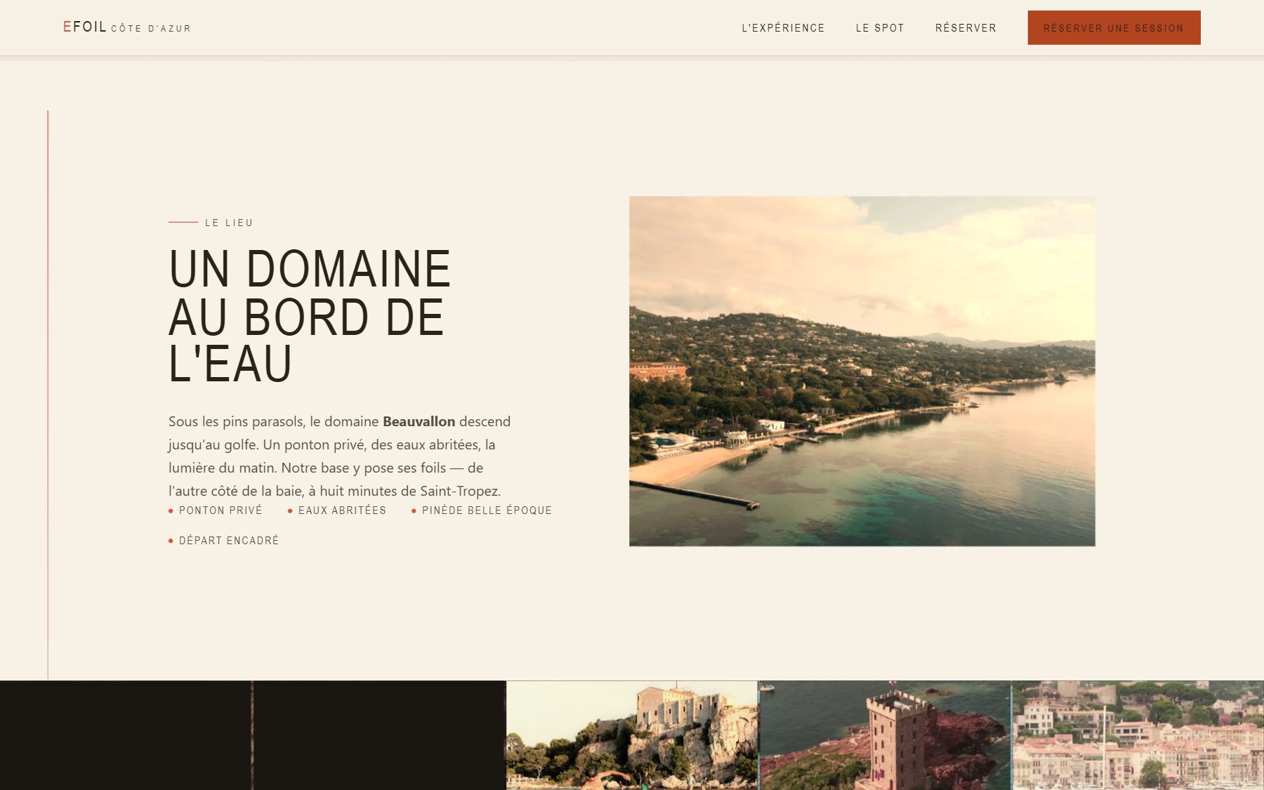 Section « Un domaine au bord de l'eau » : texte sur le ponton privé et photo aérienne de la baie de Beauvallon