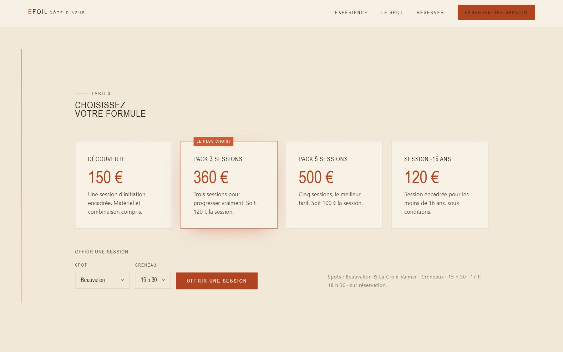 Grille de tarifs : découverte 150 €, pack 3 sessions 360 €, pack 5 sessions 500 €, session moins de 16 ans 120 €, et un bloc pour offrir une session