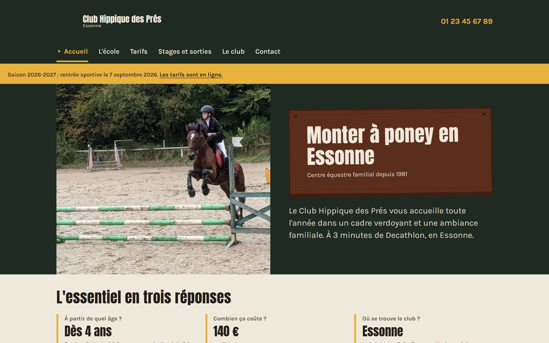 Accueil de la maquette : photo d'une cavalière en saut d'obstacle, panneau « Monter à poney en Essonne » et bloc « L'essentiel en trois réponses »