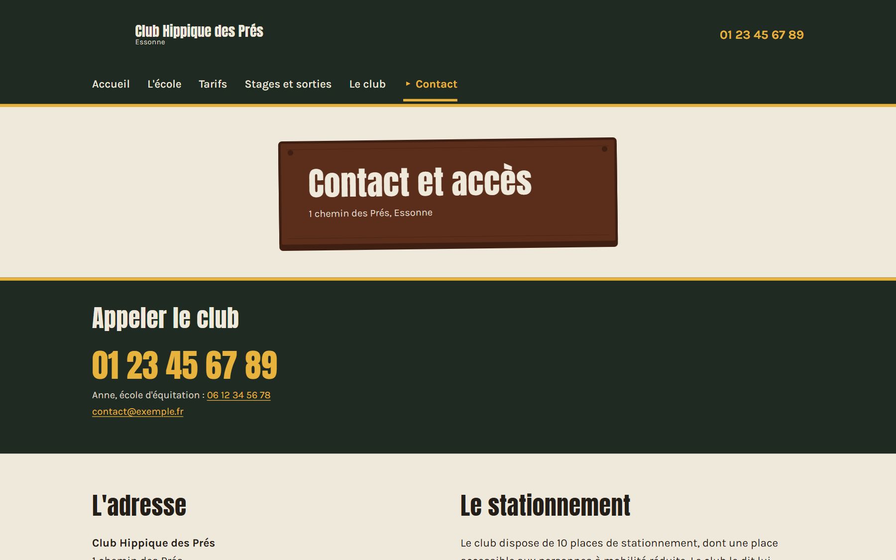 Page contact : numéro du club en très grand, e-mail, adresse et stationnement (coordonnées masquées)