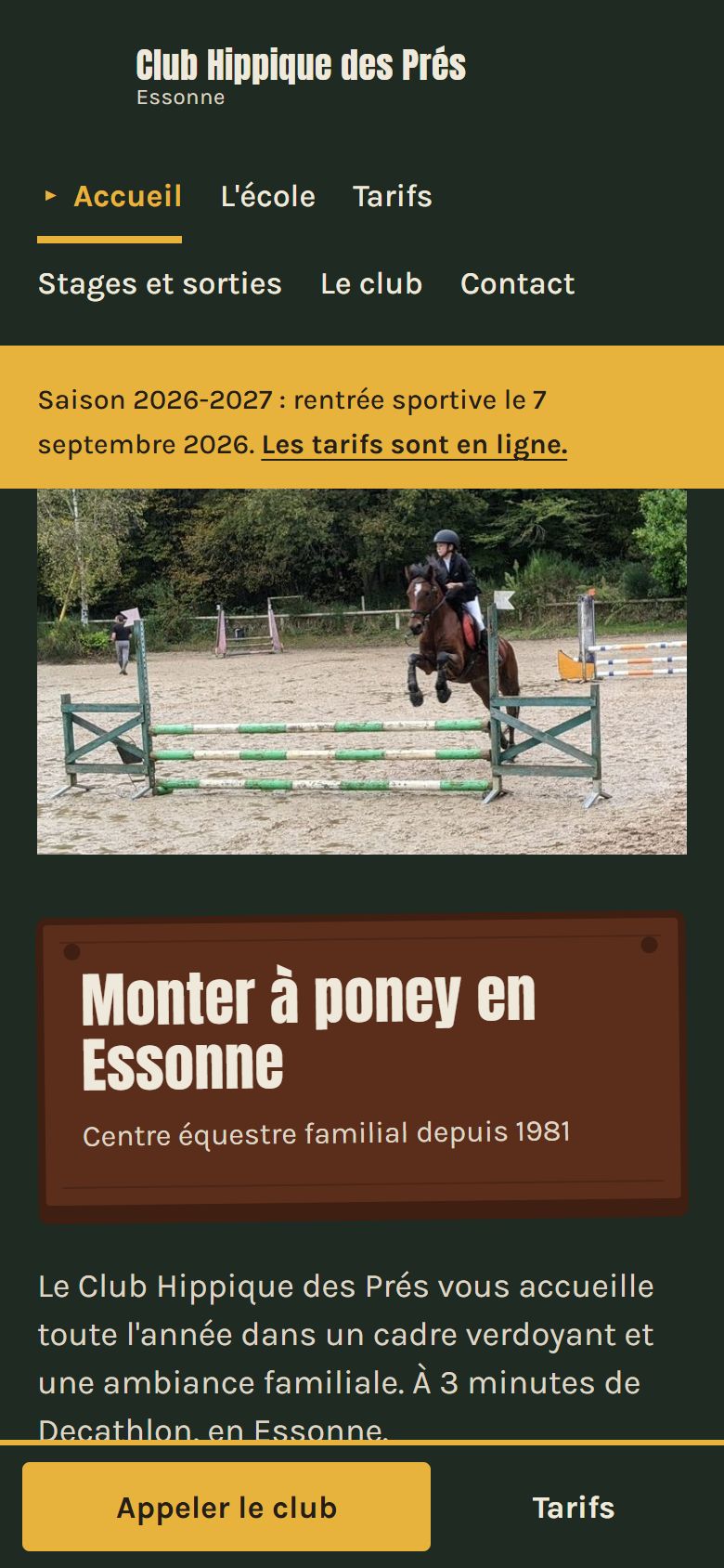 La maquette sur mobile, avec la barre « Appeler le club » fixée en bas de l'écran
