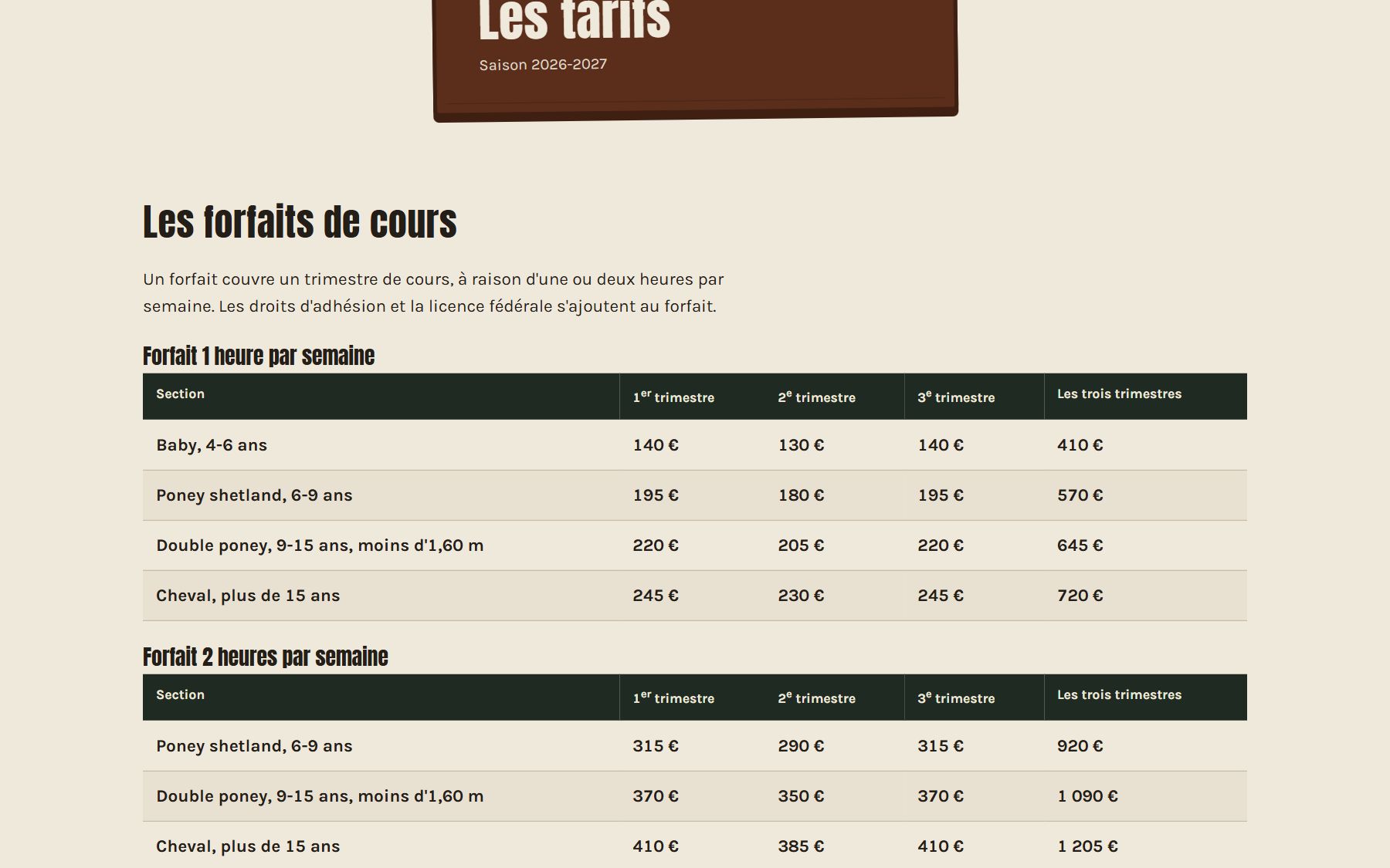 Page tarifs : forfaits trimestriels par section, du baby poney au cheval, en tableau