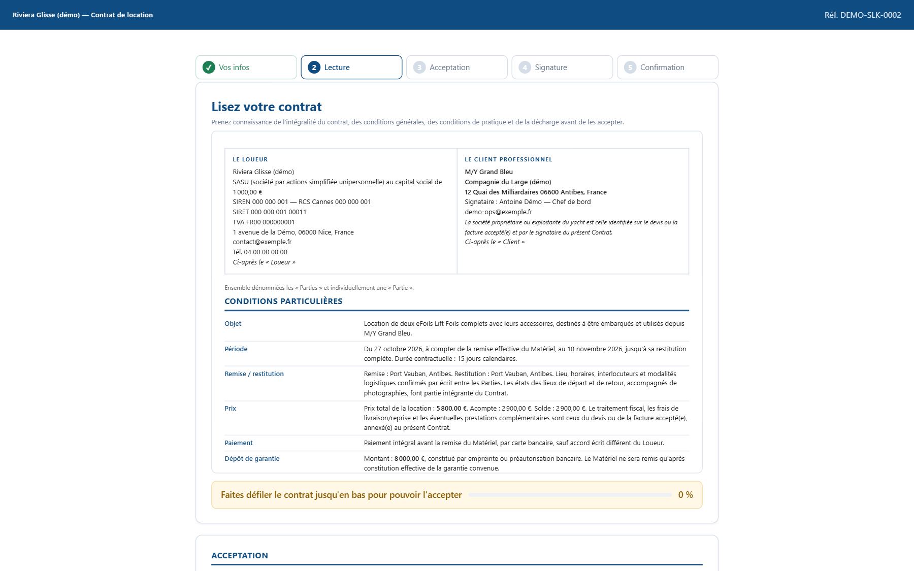 Étape de lecture du contrat : loueur, client, conditions particulières, et la barre qui oblige à dérouler le contrat jusqu'en bas (données fictives)
