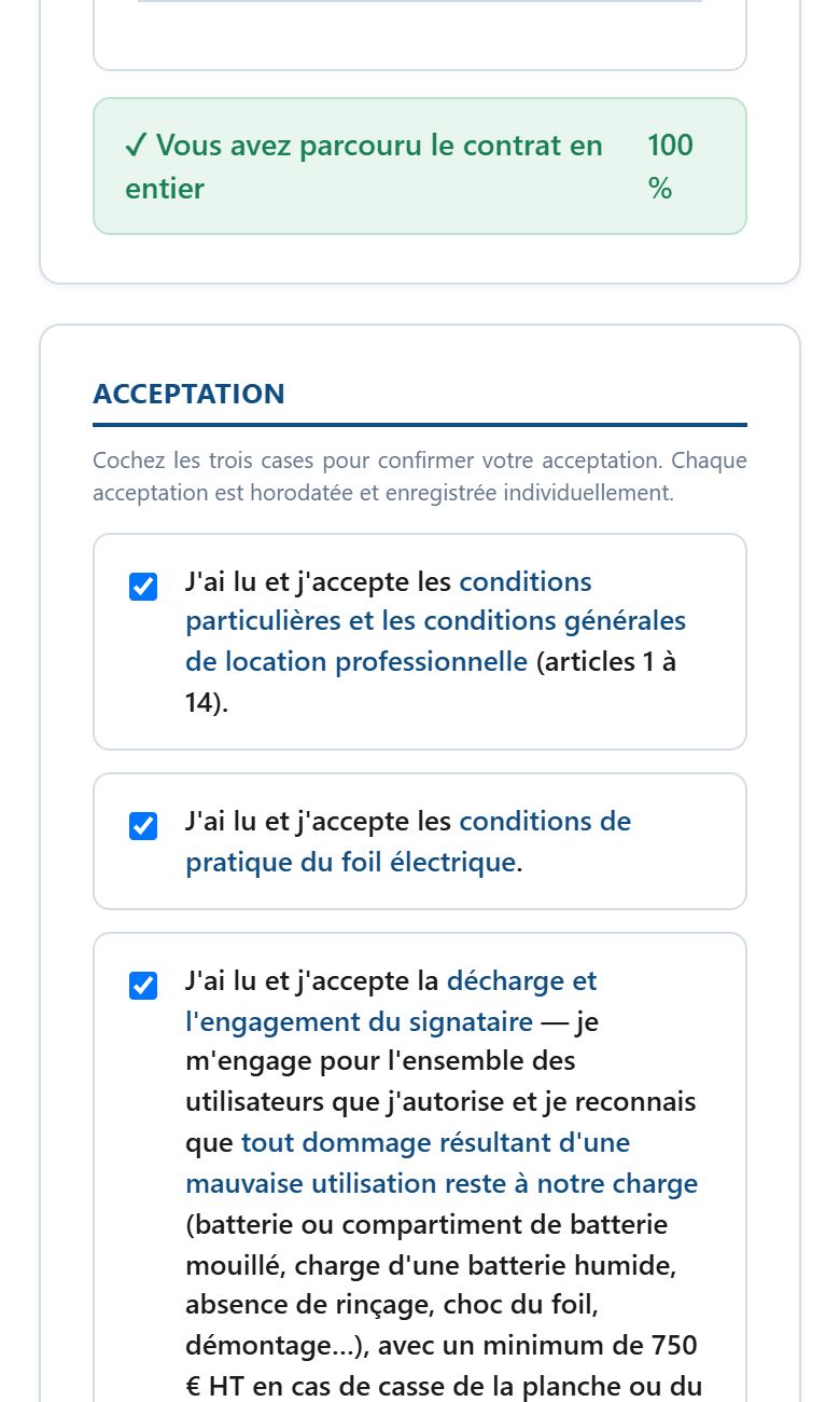 Contrat lu à 100 % et trois cases d'acceptation cochées