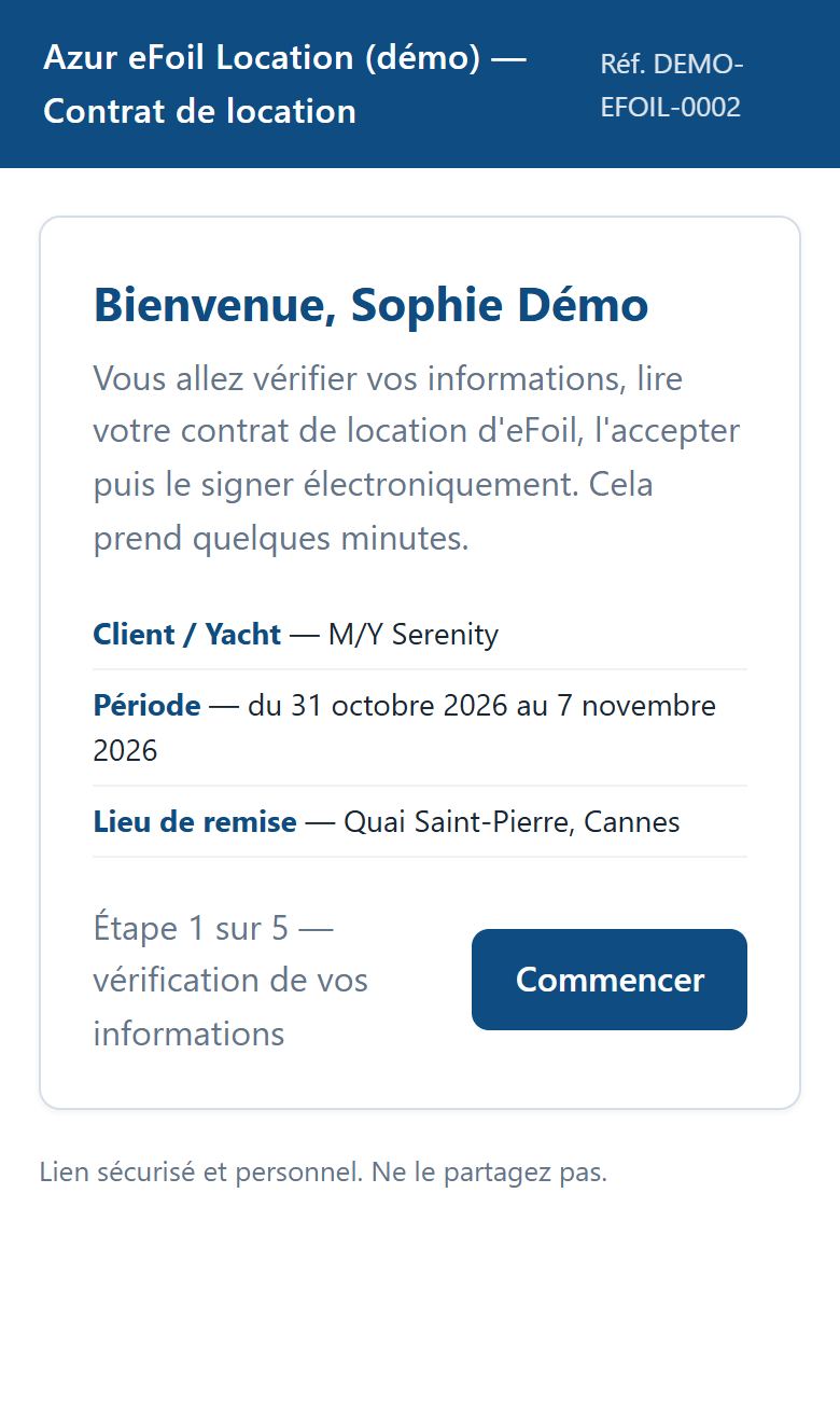 Accueil du parcours : récapitulatif du yacht, de la période et du lieu de remise