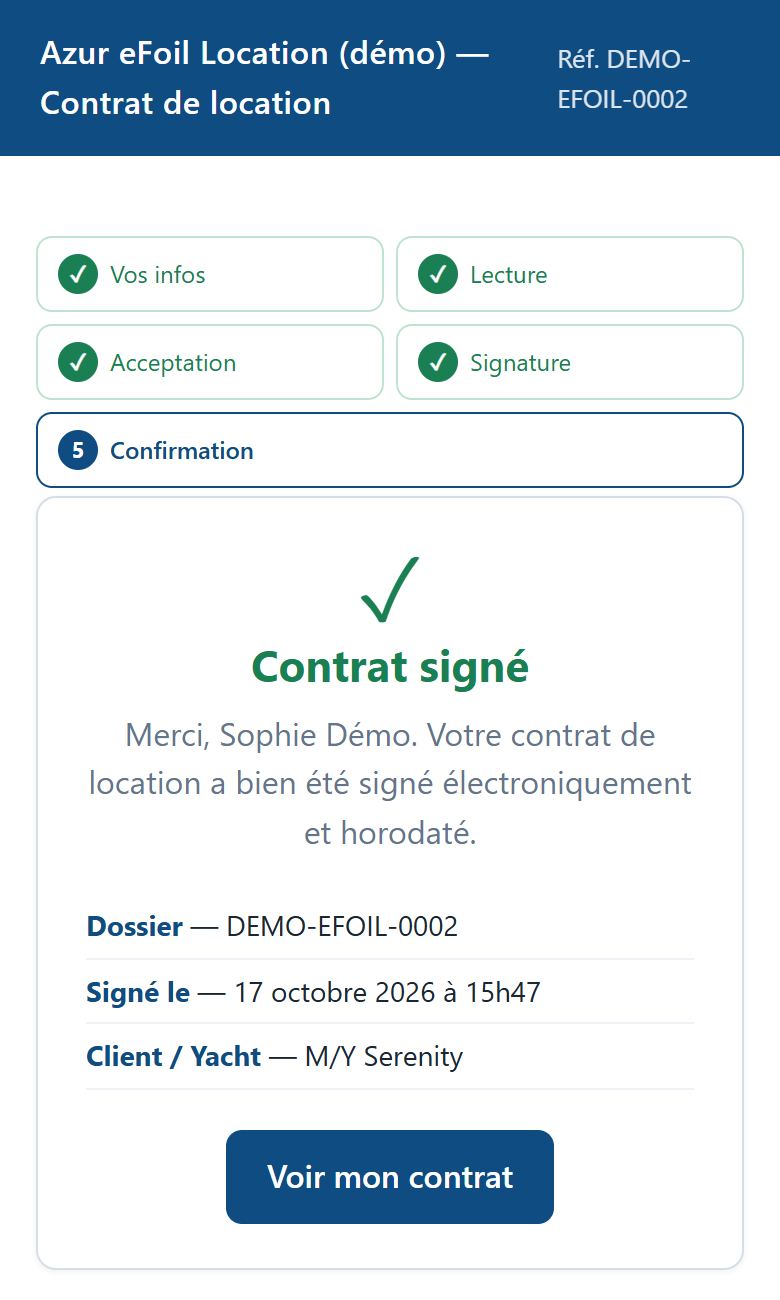 Confirmation : contrat signé et horodaté, ajout de la pièce d'identité