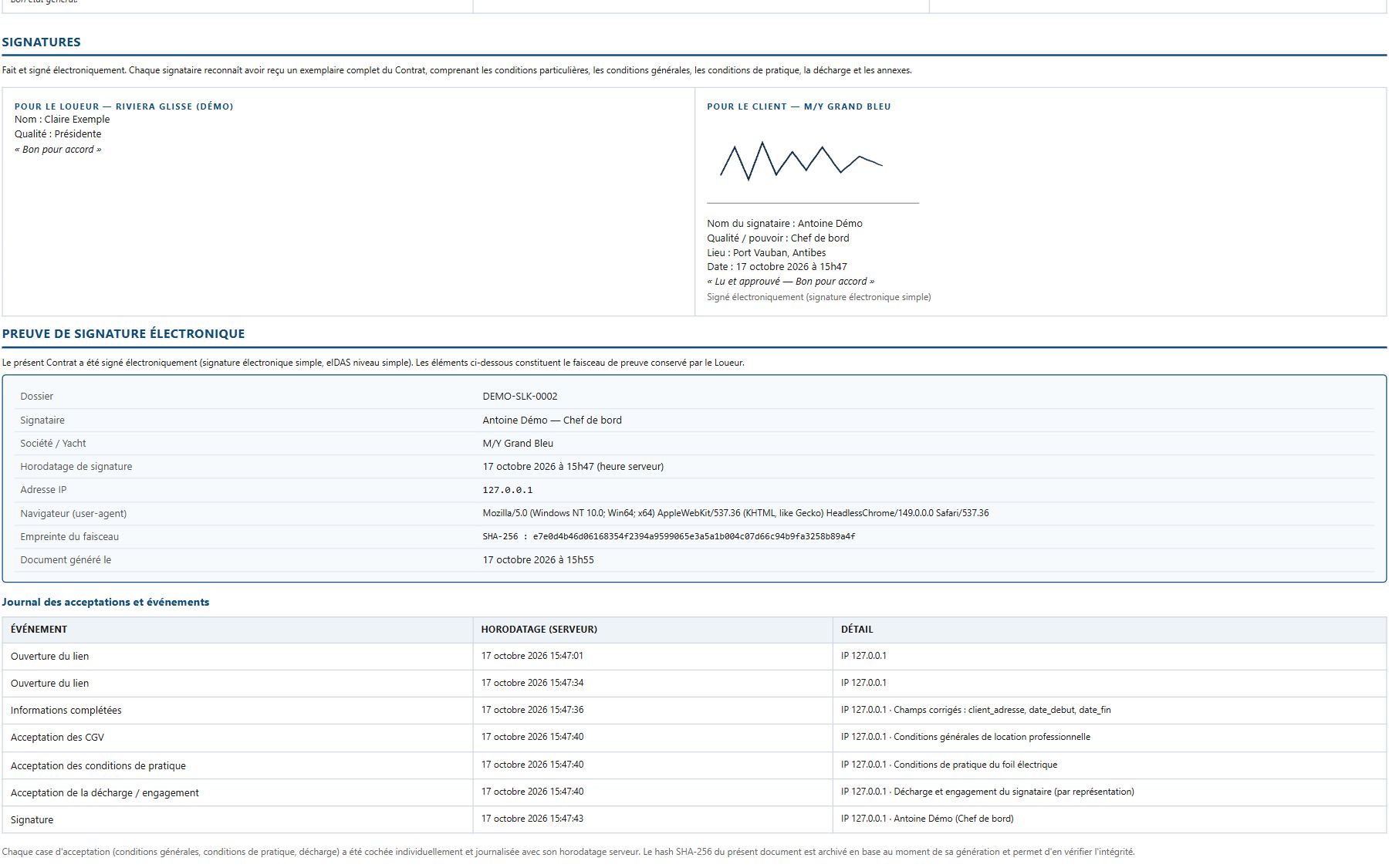 Page de preuve jointe au contrat : signatures, horodatage, adresse IP, navigateur, empreinte SHA-256 et journal des acceptations (données fictives)