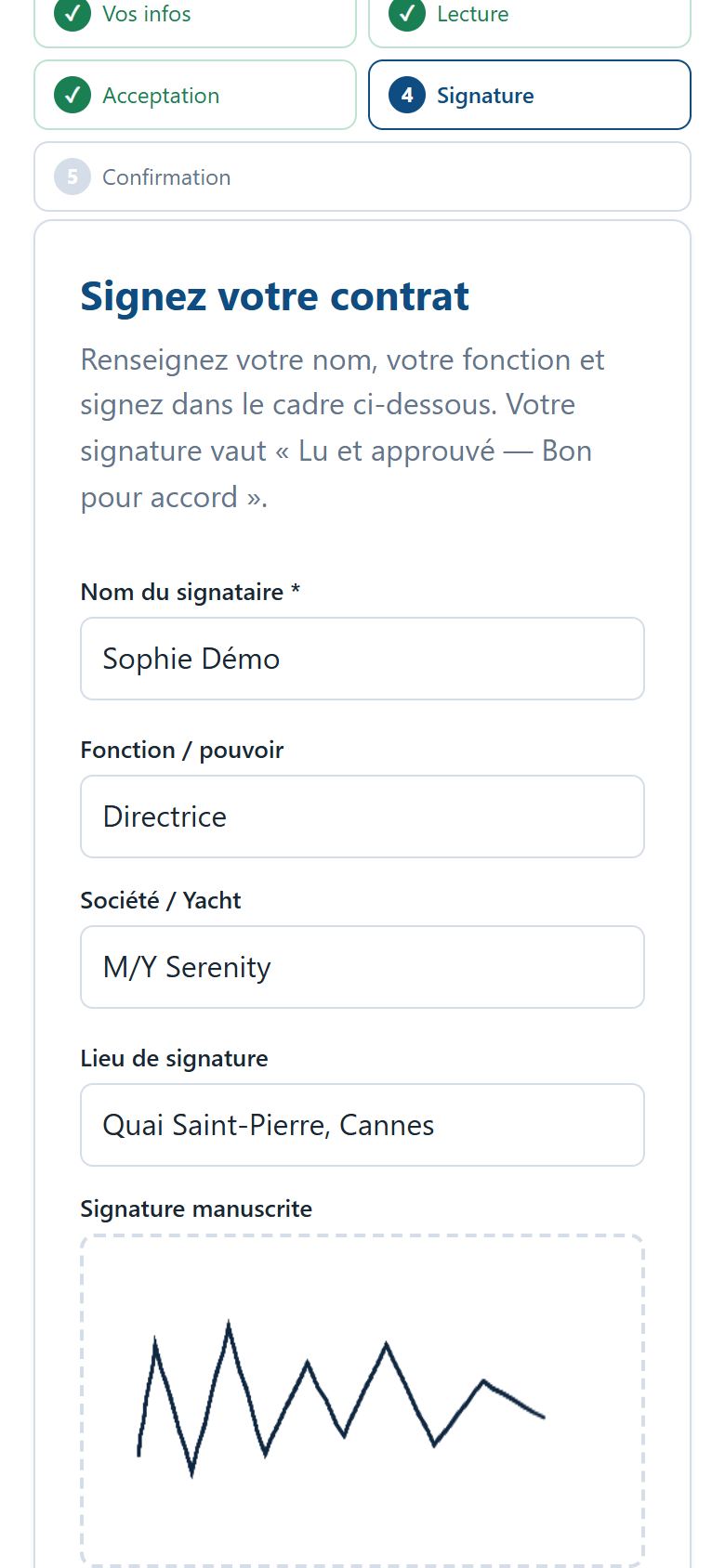 Étape de signature sur mobile : nom, fonction, lieu et signature au doigt