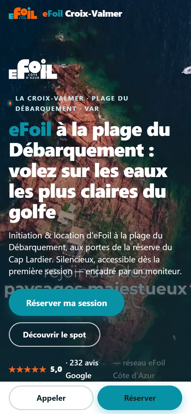 L'accueil sur mobile, avec les boutons Appeler et Réserver fixés en bas