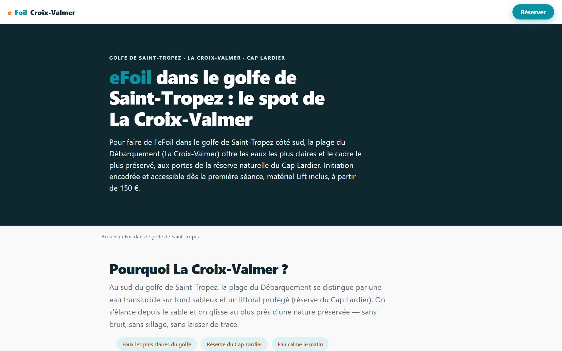 Page « eFoil dans le golfe de Saint-Tropez » : un paragraphe-réponse en haut de page, puis « Pourquoi La Croix-Valmer ? »