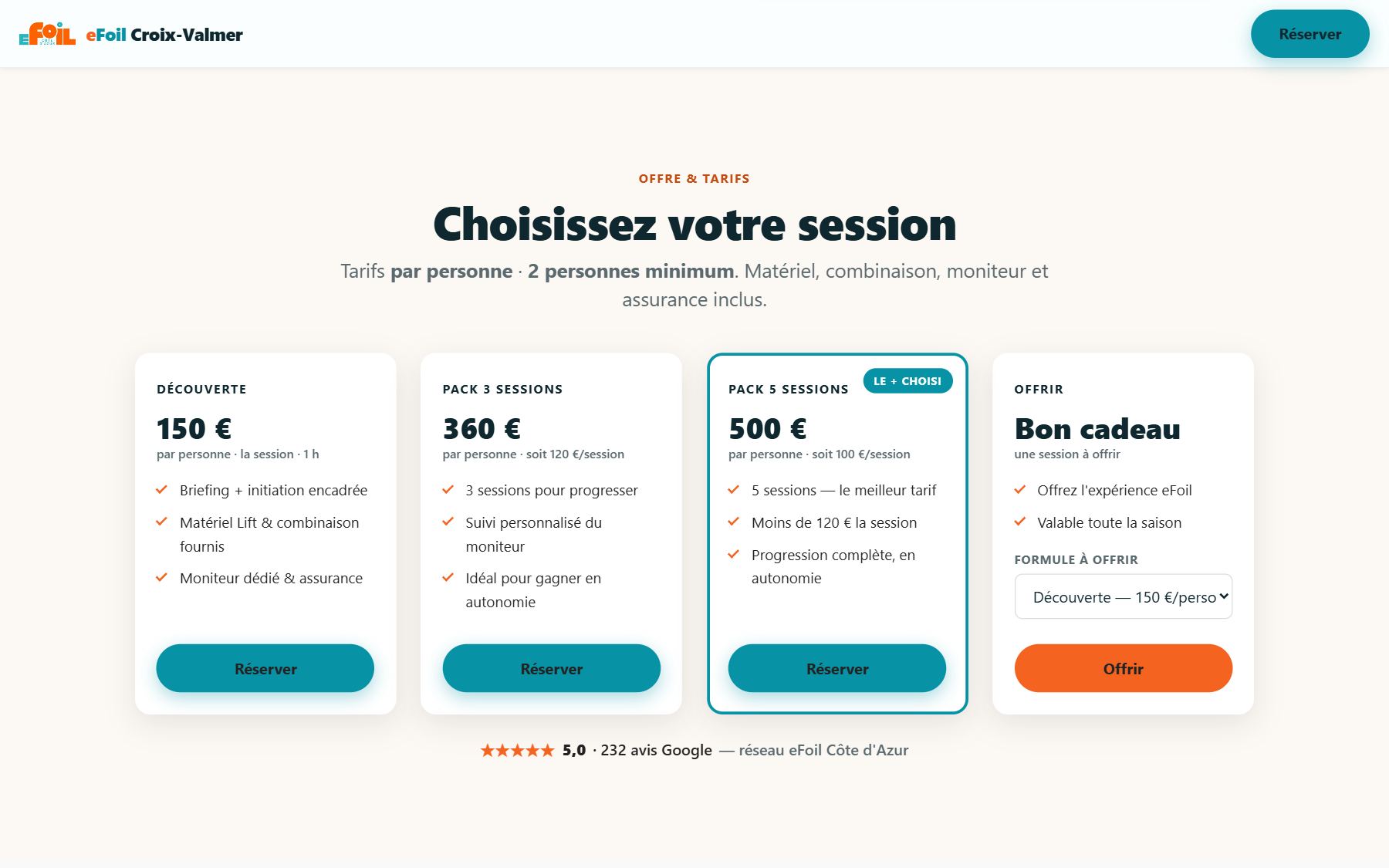 Grille de tarifs de La Croix-Valmer : prix par personne, deux personnes minimum, et un bon cadeau à offrir