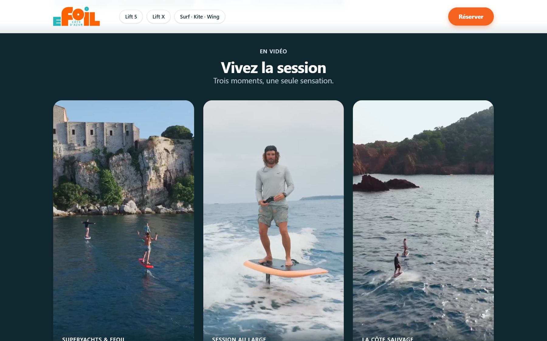 Section « Vivez la session » : trois vidéos verticales, superyachts et eFoil, session au large, la côte sauvage