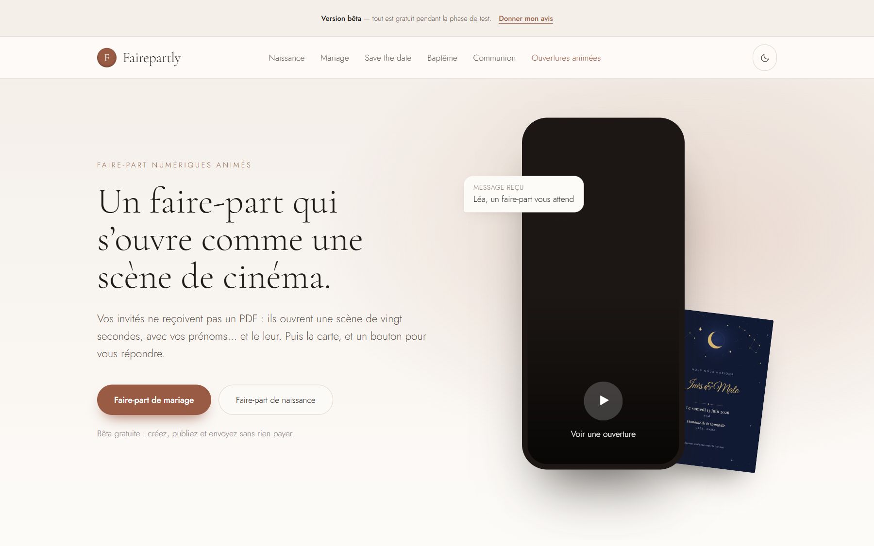 Accueil de la plateforme : « Un faire-part qui s'ouvre comme une scène de cinéma », avec un téléphone et une carte de mariage au nom d'Inès et Malo