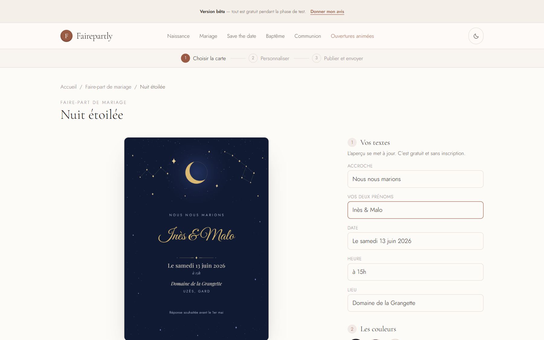 Page d'un modèle de mariage « Nuit étoilée » : la carte au nom d'Inès et Malo à gauche, les champs de texte à droite