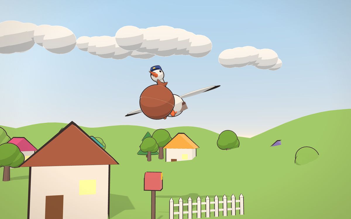 Scène cartoon « La cigogne postière » : une cigogne porte un baluchon au-dessus d'un village