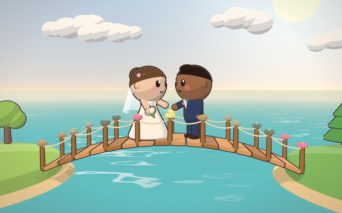 Scène cartoon « Les deux rives » : les mariés se rejoignent sur un pont de bois au-dessus d'une rivière