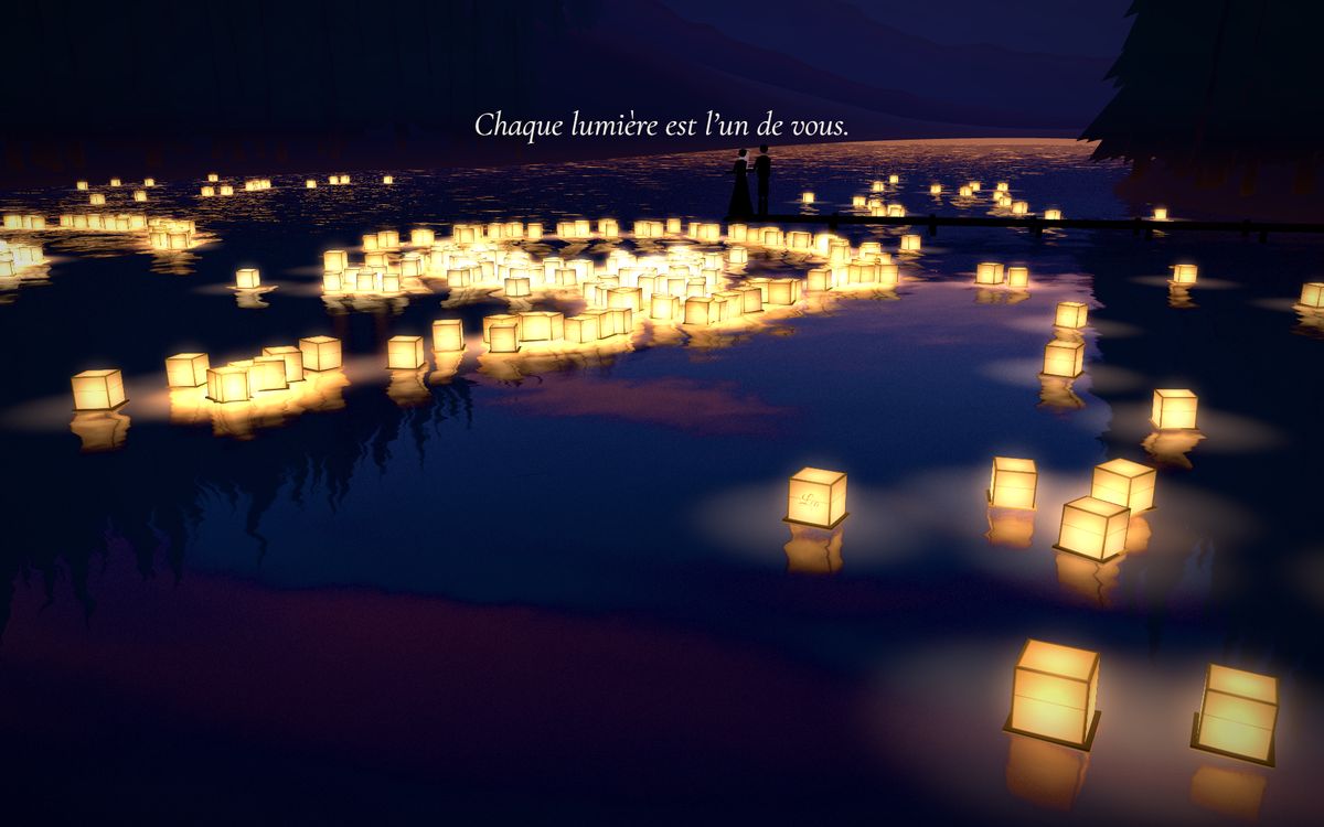 Scène « Les lanternes » : des centaines de lanternes flottent sur un lac la nuit, avec la phrase « Chaque lumière est l'un de vous »