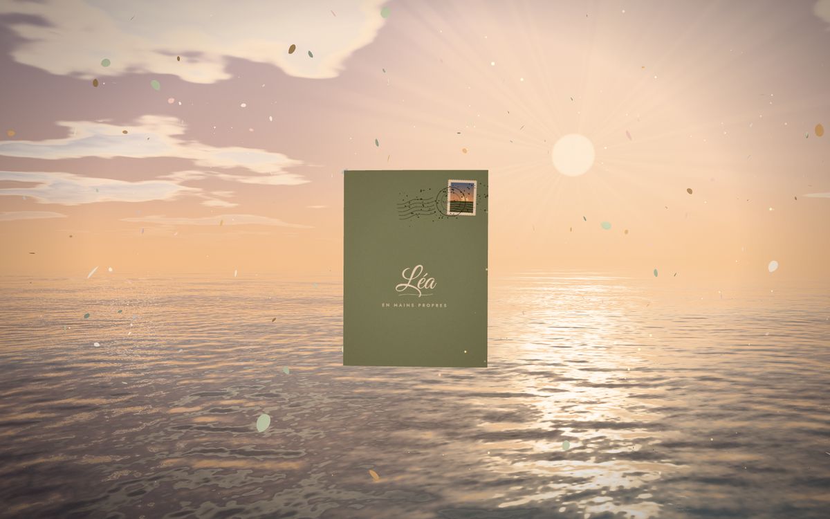 Scène « La traversée » : une enveloppe verte au prénom de Léa flotte au-dessus de la mer au lever du jour