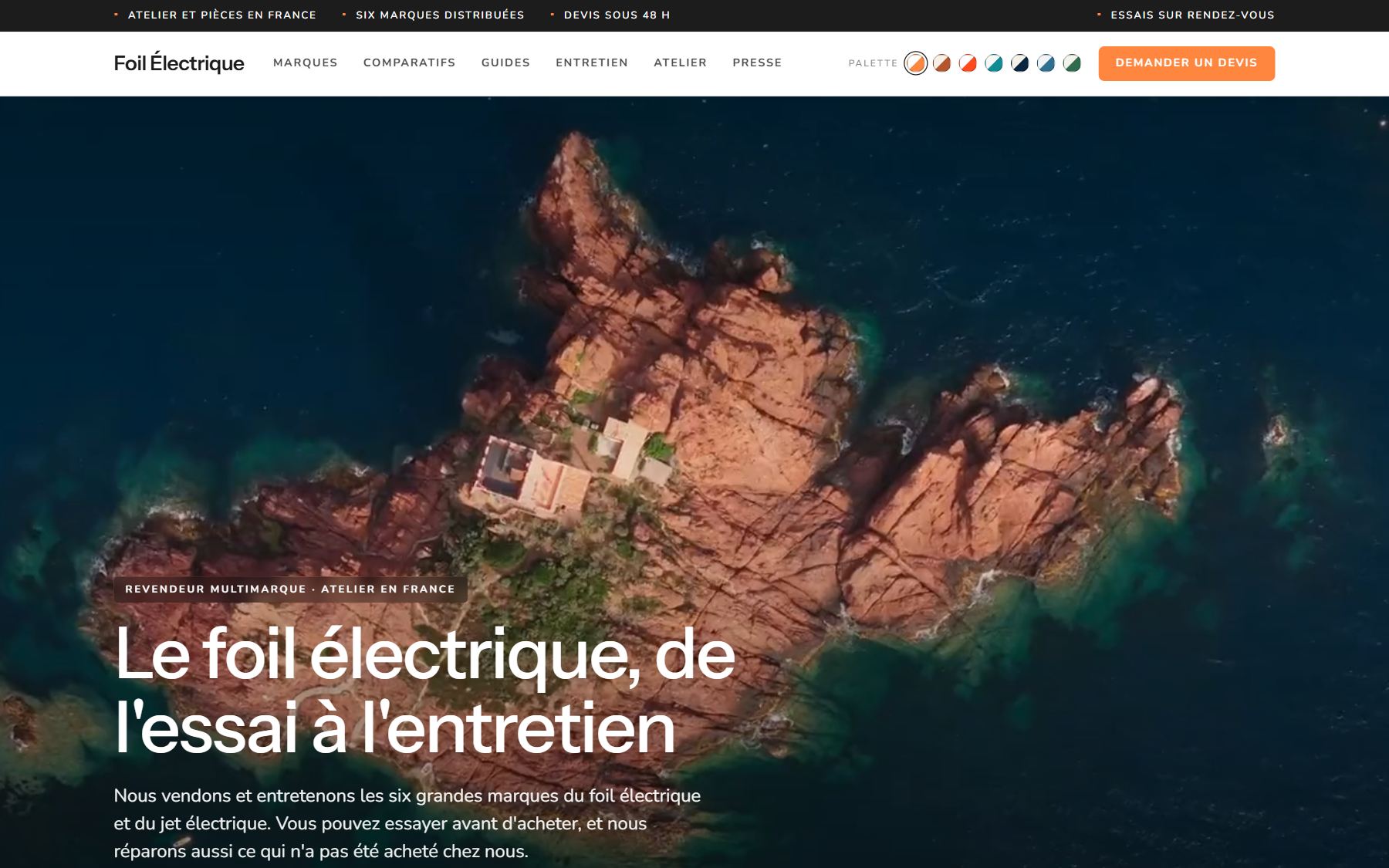 Maquette de l'accueil Foil Électrique : vue aérienne d'une île rocheuse, titre « Le foil électrique, de l'essai à l'entretien », sélecteur de palettes dans l'en-tête