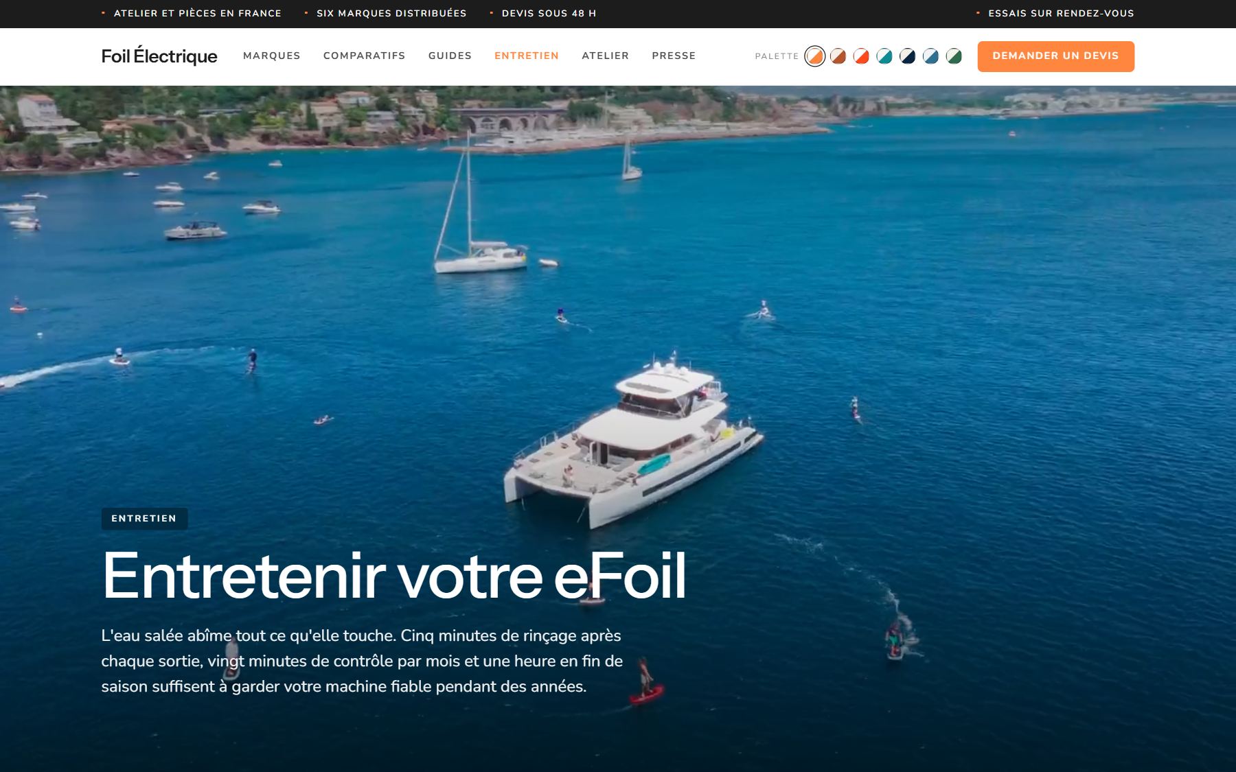 Page Entretenir votre eFoil : vue aérienne d'un catamaran entouré de riders, et le rythme d'entretien en une phrase