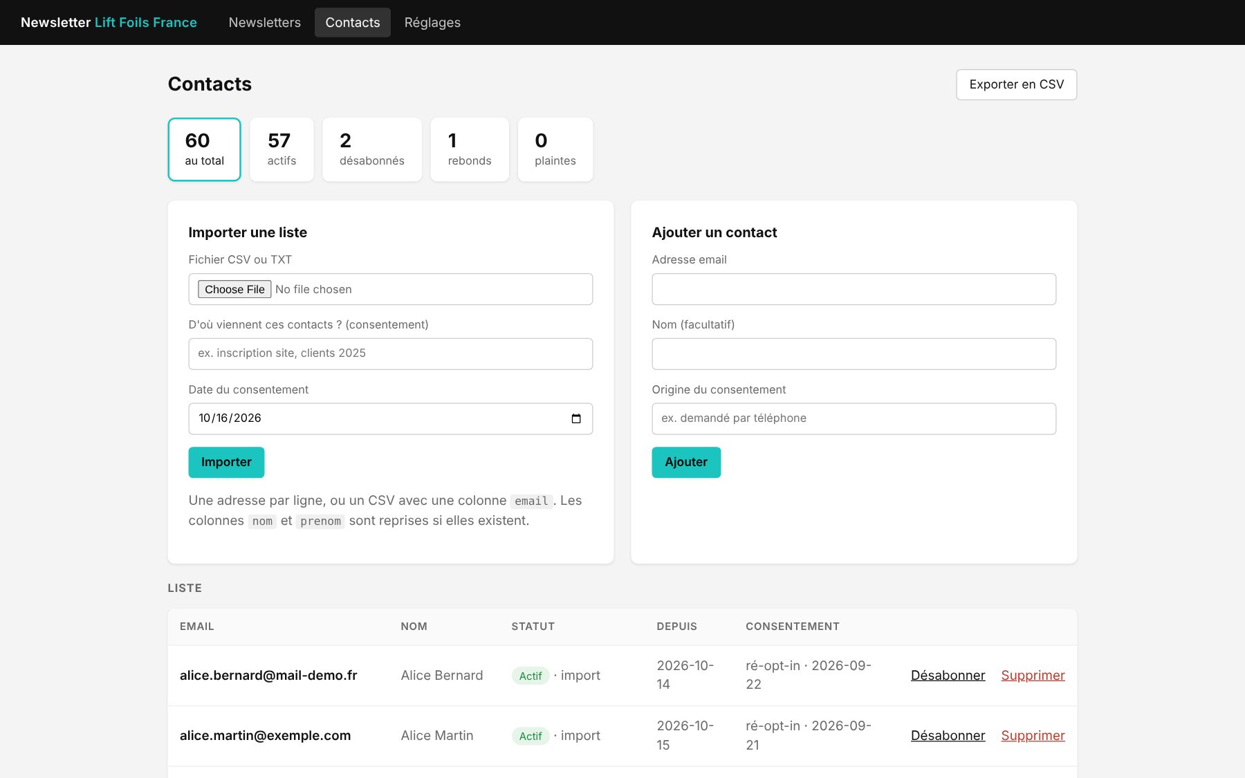 Gestion des contacts : actifs, désabonnés, rebonds, plaintes, import CSV avec origine et date du consentement (données fictives)