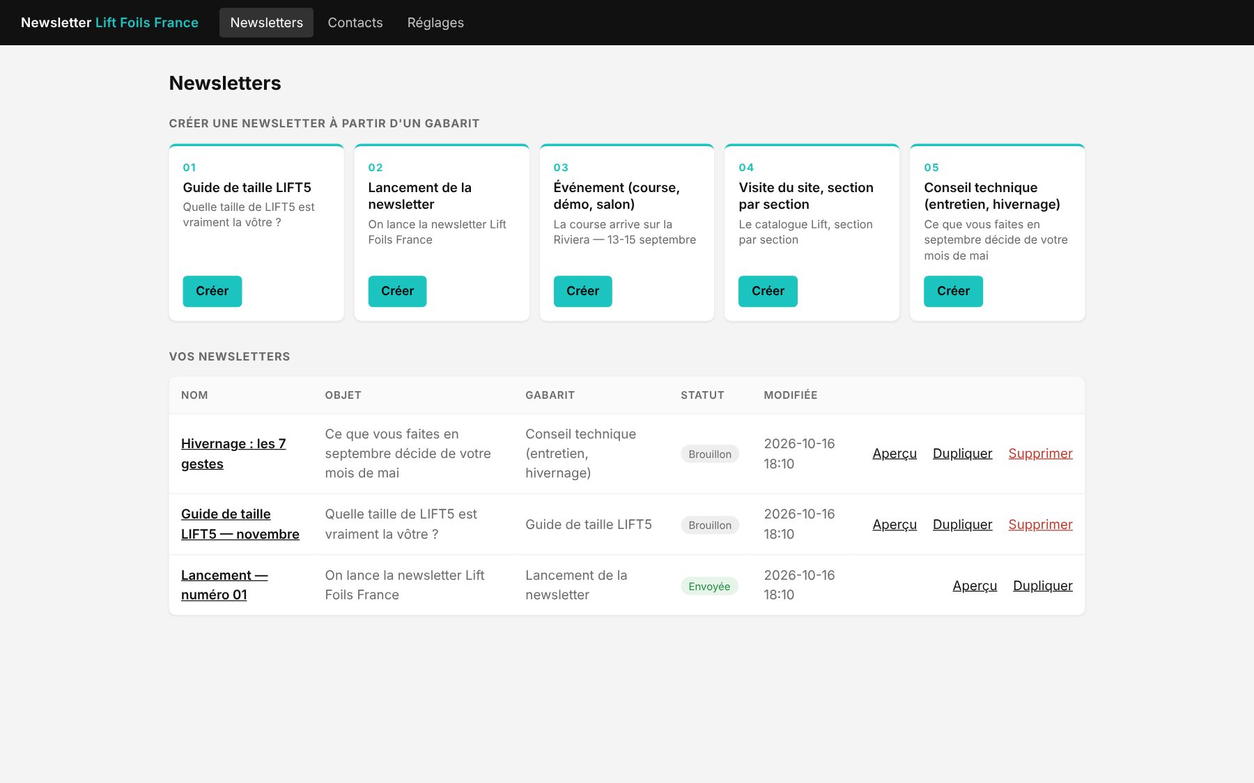 Dashboard newsletter : cinq gabarits prêts à l'emploi et la liste des newsletters, brouillons et envoyées (données fictives)