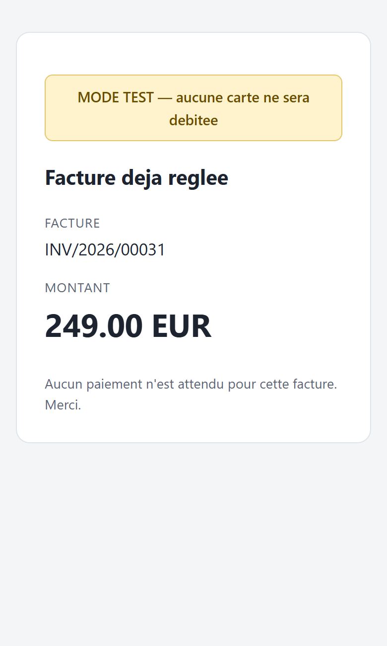 Le même lien rouvert affiche « Facture déjà réglée »