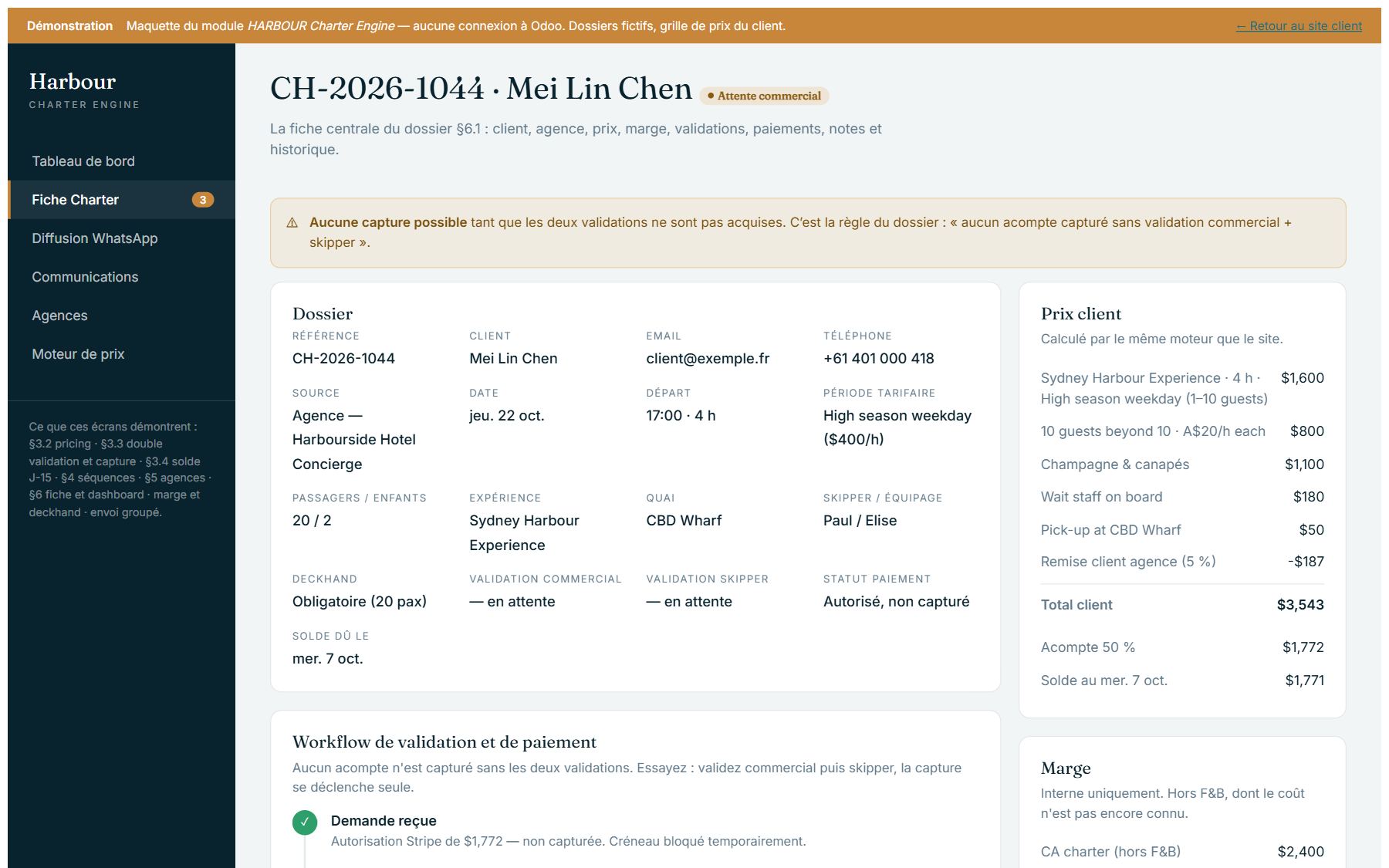 Fiche d'une croisière : client, date, quai, équipage, prix détaillé, acompte et solde, validations commerciale et skipper en attente (données fictives)