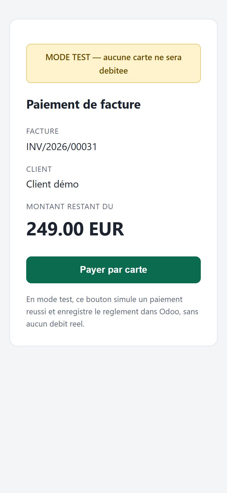 Page de paiement d'une facture Odoo en mode test, sur mobile
