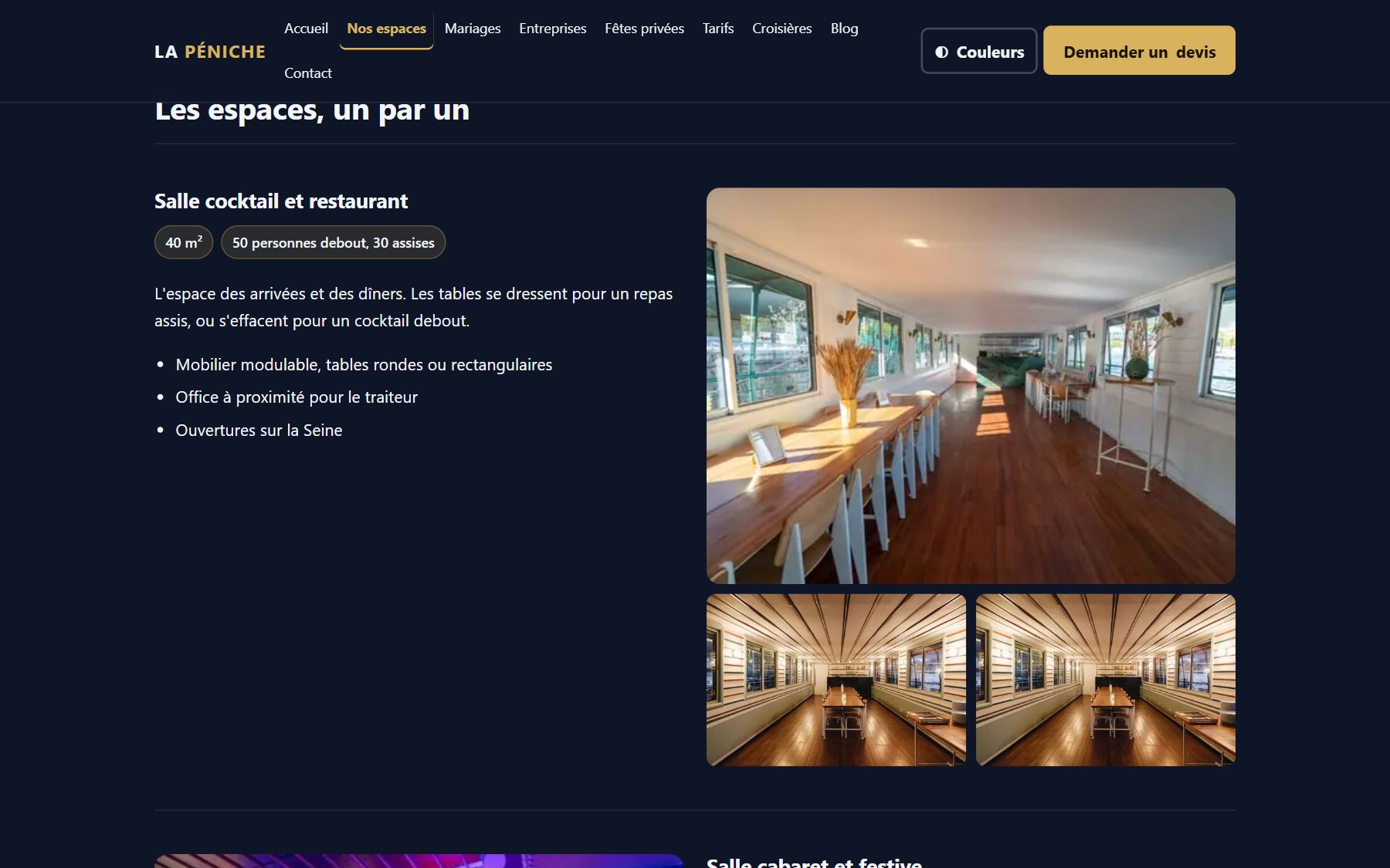 Page des espaces : salle cocktail et restaurant, surface, capacité et équipements, avec trois photos