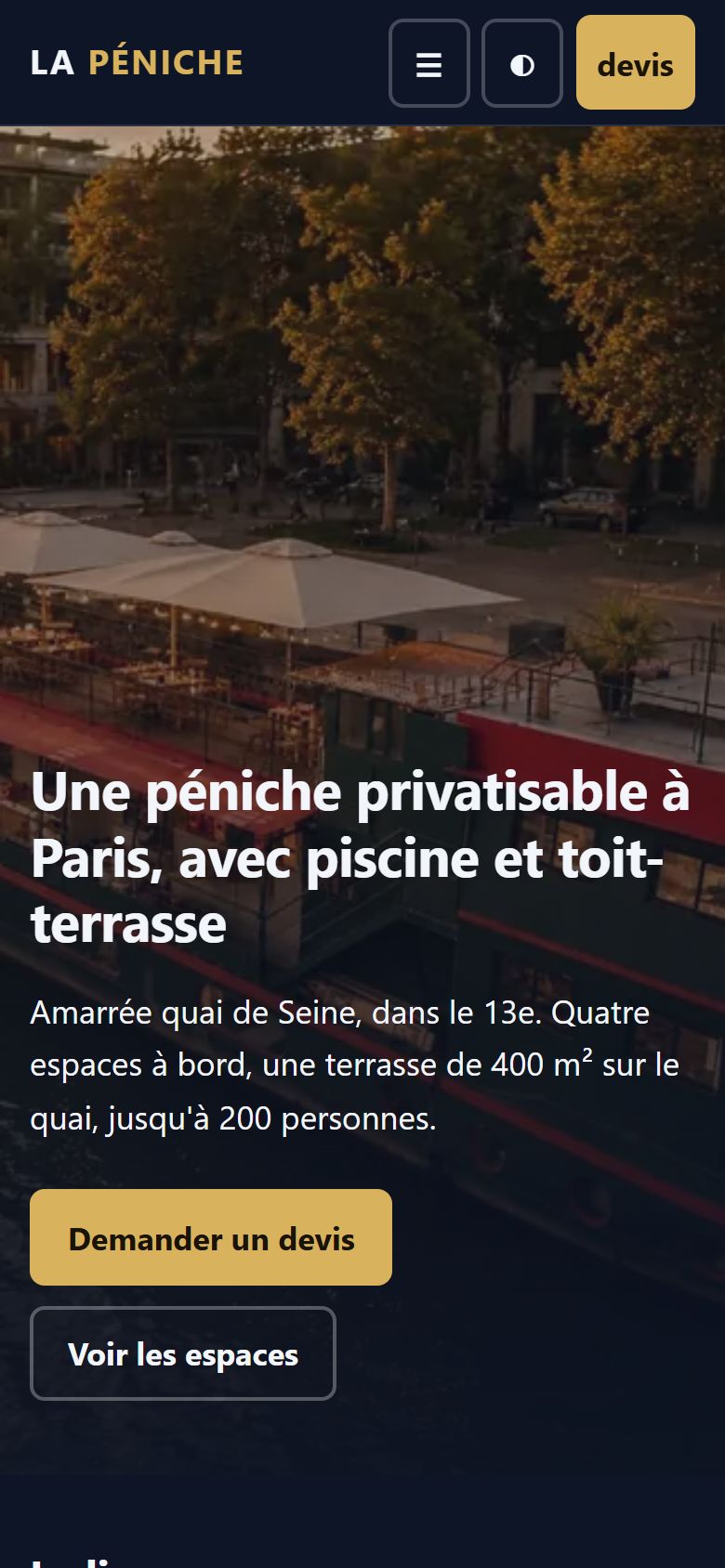 L'accueil sur mobile, bouton de devis toujours visible dans l'en-tête