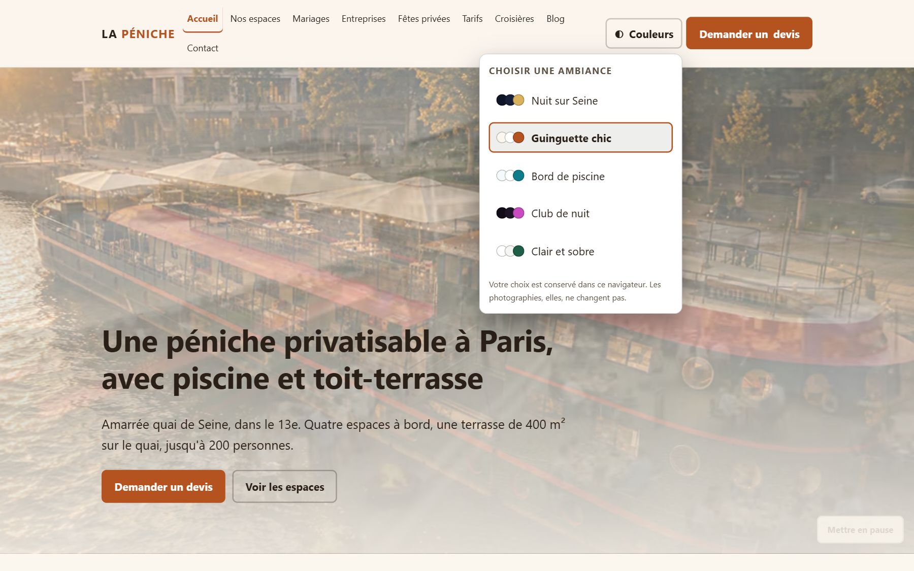 Sélecteur d'ambiances ouvert sur l'accueil : Nuit sur Seine, Guinguette chic, Bord de piscine, Club de nuit, Clair et sobre