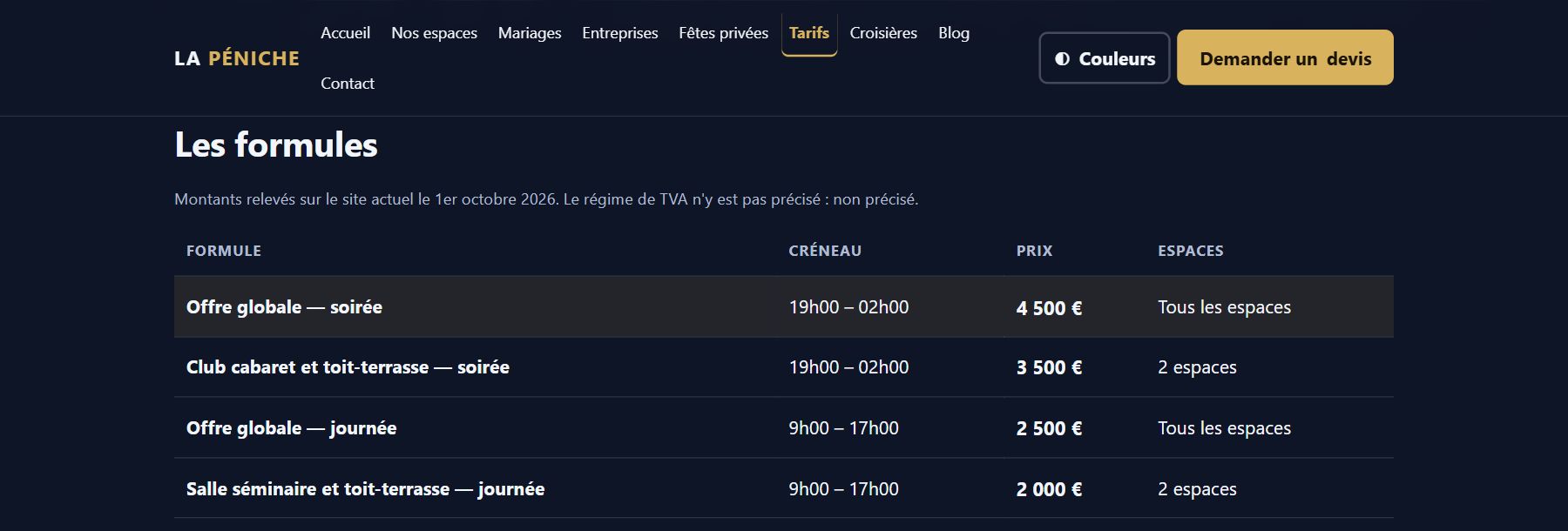 Grille des formules de privatisation : soirée ou journée, prix et espaces compris