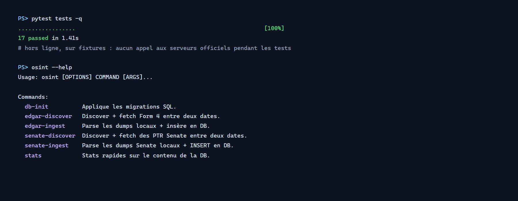 Terminal : les 17 tests passent hors ligne, puis la liste des commandes de l'outil (initialiser la base, collecter, intégrer, statistiques)